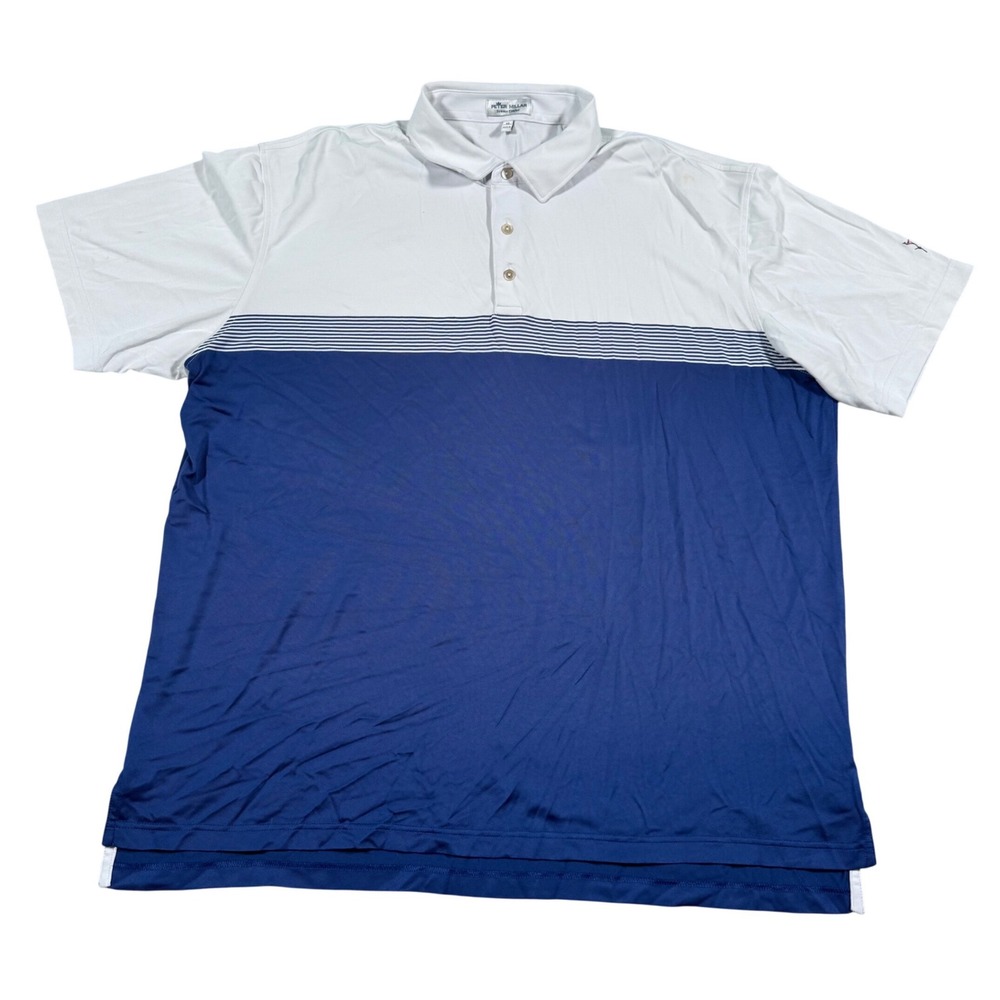Peter Millar Polo Mens XL White Navy Blue Summer Comfort Colorblock Golf Shirt